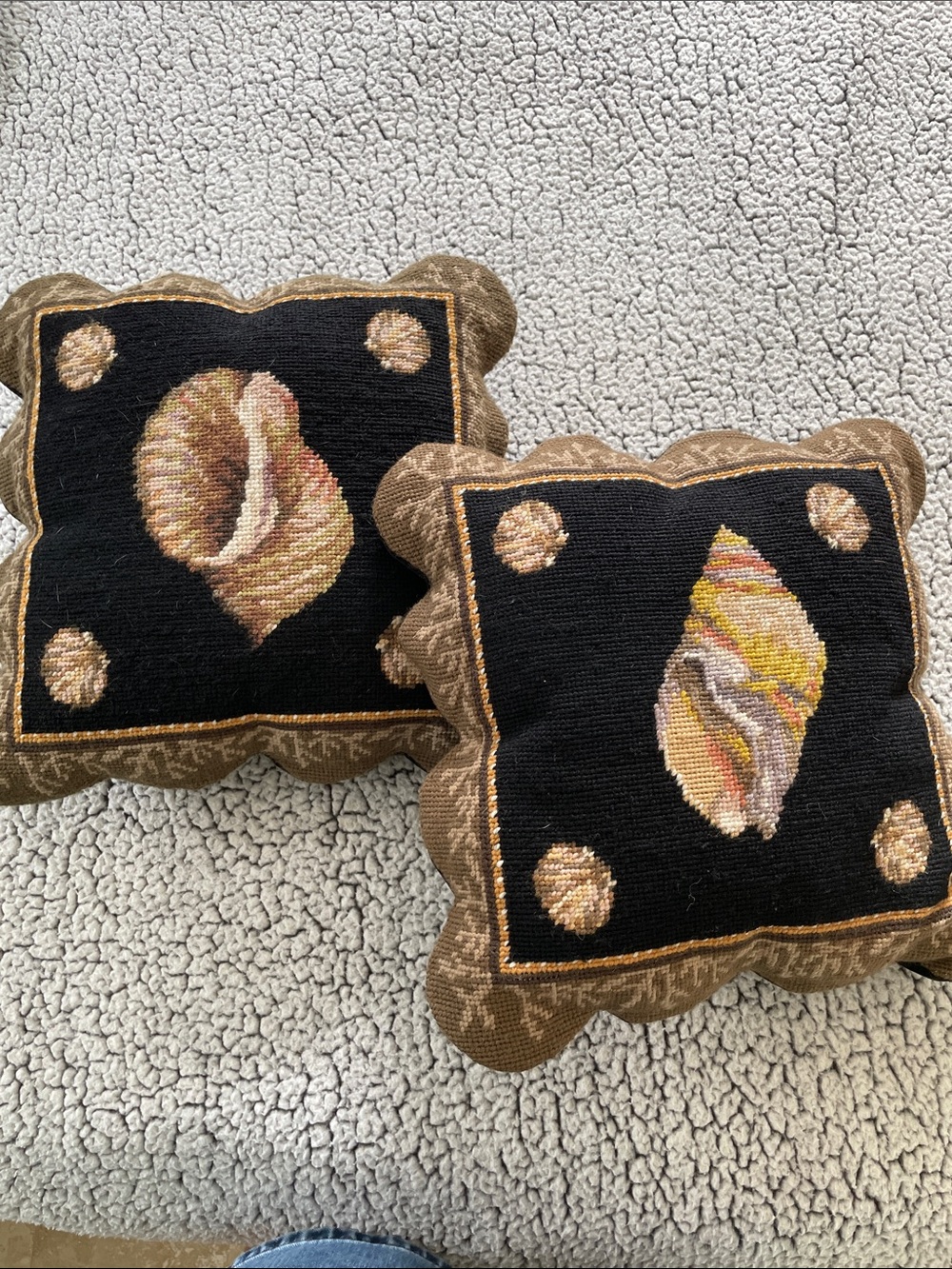 Hand-Embroidered Nautical Shell Needlepoint Throw Pillows - Pair